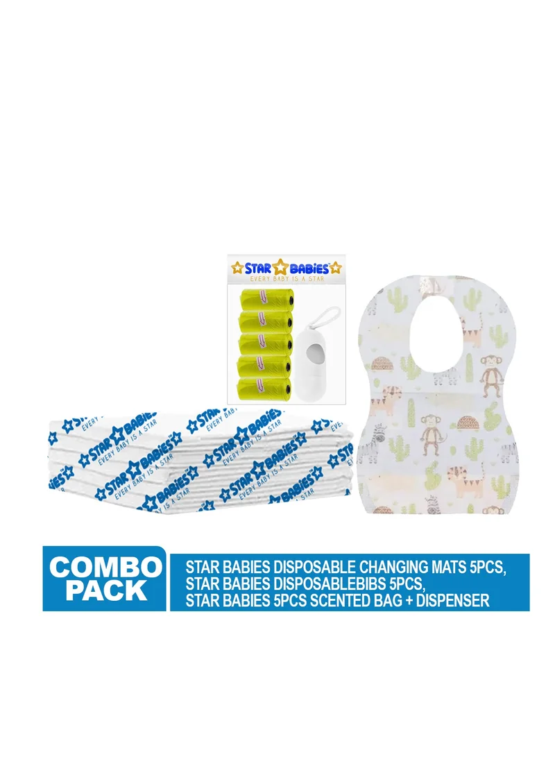 ستار بيبيز Star Babies Disposable Combo pack (Changing Mat 5pcs, Bibs 5pcs, Scented Bag w/dispenser)-White/Yellow